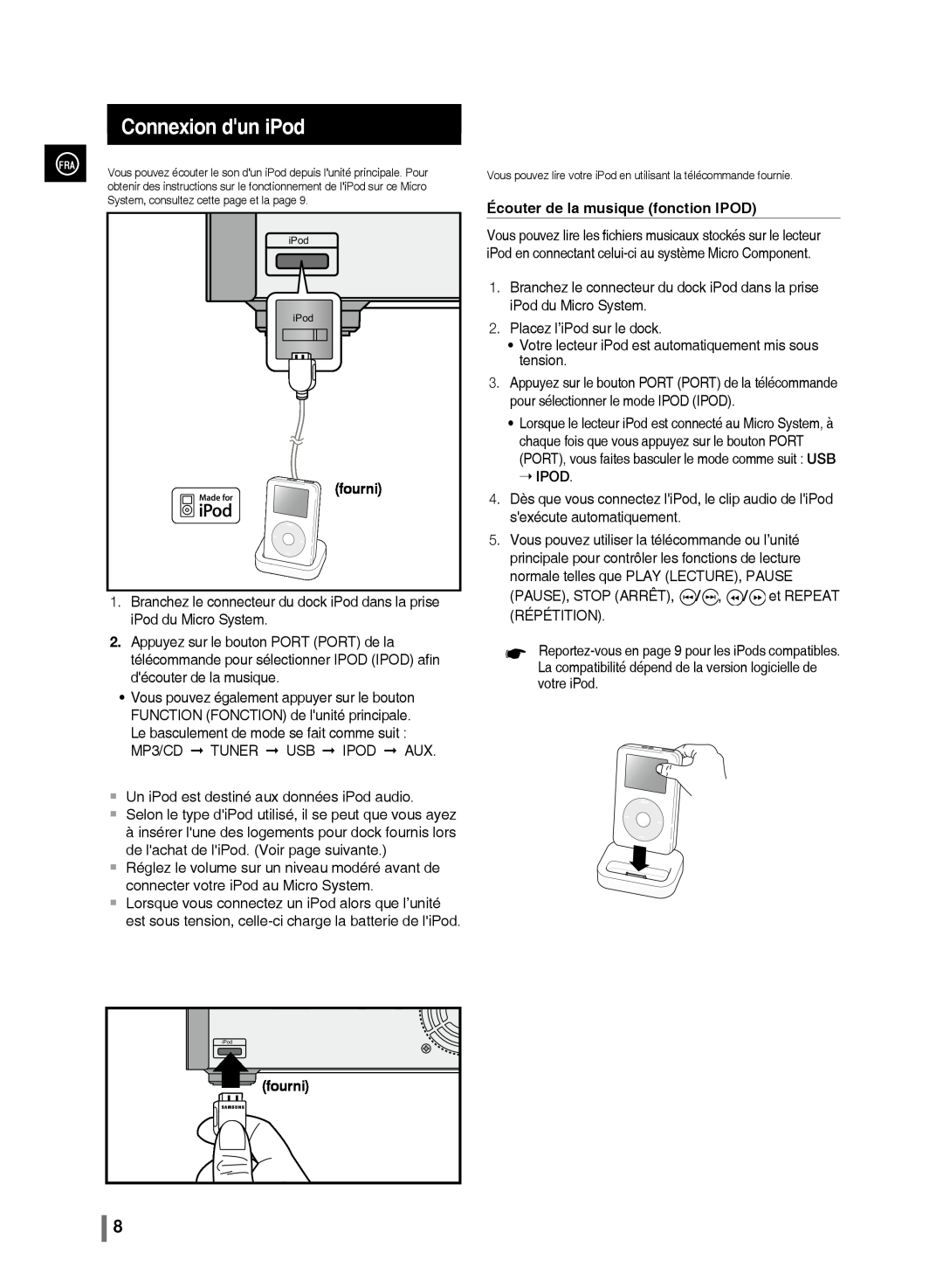 Samsung MM-C430/XEF manual Connexion dun iPod, fourni, Écouter de la musique fonction IPOD,  Ipod 