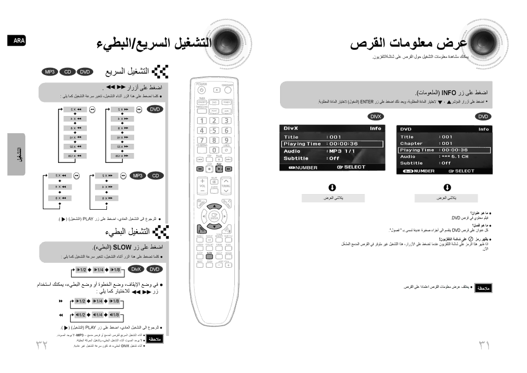 Samsung MM-C530D/KE, MM-C530D/AFR صرقلا تامولعم ضرع, رارزأ ىلع طغضا, تاموعلملا Info رز ىلع طغضا, ءيطبلا Slow رز ىلع طغضا 