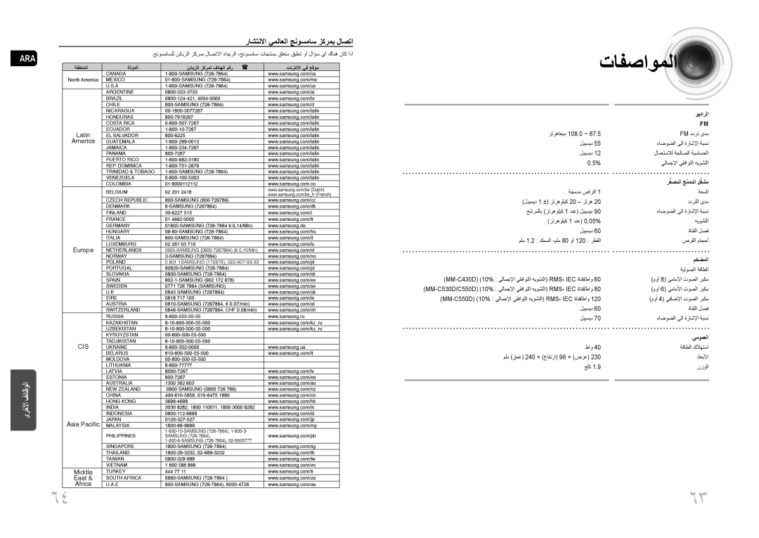 Samsung MM-C550D/MEA, MM-C530D/AFR, MM-C530D/SAH, MM-C430D/MEA, MM-C430D/AFR تافصاوملا, راشتنلاا يملاعلا جنوسماس زكرمب لاصتا 