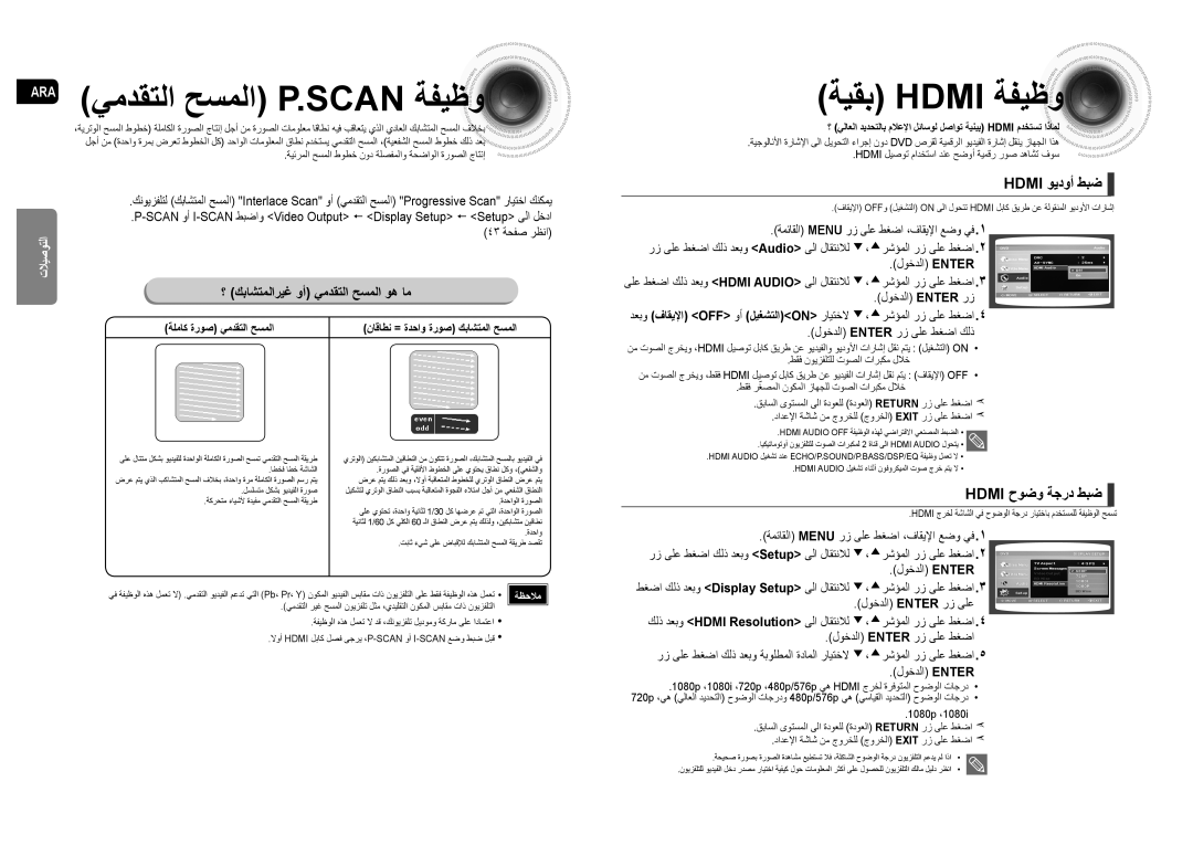 Samsung MM-C530D/UMG, MM-C530D/AFR, MM-C530D/SAH manual Ara يمدقتلا حسملا P.Scan ةفيظو, ةيقب Hdmi ةفيظو, Hdmi ويدوأ طبض 