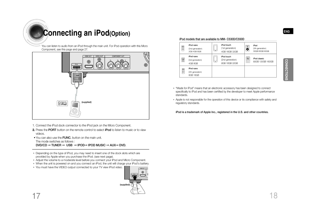 Samsung MM-C430D/SAM, MM-C530D/AFR, MM-C530D/SAH, MM-C430D/MEA, MM-C550D/MEA, MM-C430D/AFR manual Connecting an iPodOption 