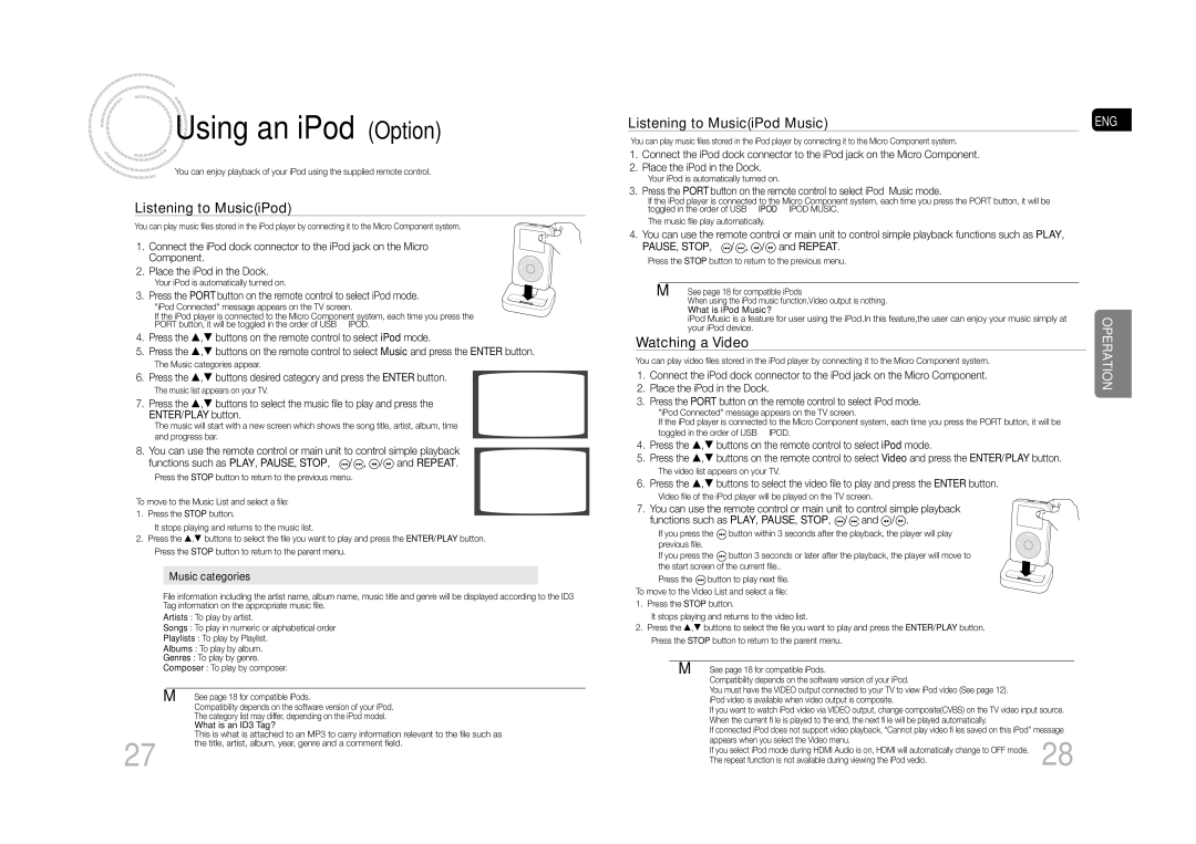 Samsung MM-C430D/AFR, MM-C530D/AFR, MM-C530D/SAH, MM-C430D/MEA, MM-C550D/MEA manual Using an iPodOption, Listening to MusiciPod 