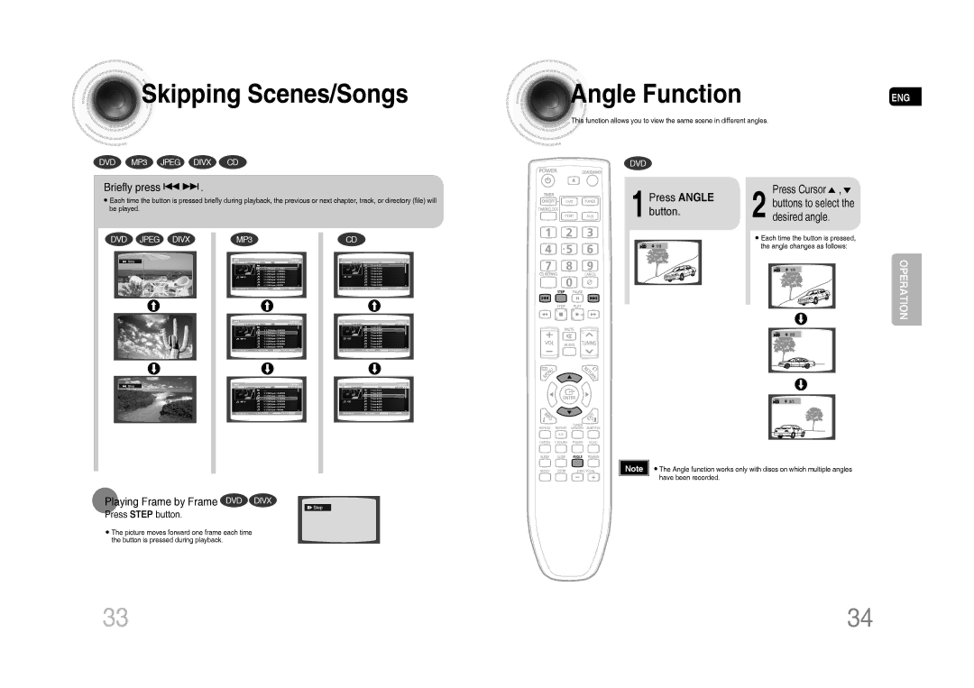 Samsung MM-C530D/KE, MM-C530D/AFR, MM-C530D/SAH Skipping Scenes/Songs, Angle Function, Briefly press, Press Angle button 