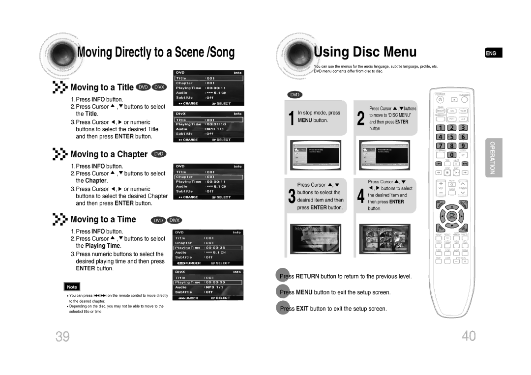 Samsung MM-C430D/SAM, MM-C530D/AFR, MM-C530D/SAH, MM-C430D/MEA, MM-C550D/MEA manual Using Disc Menu, Moving to a Chapter DVD 