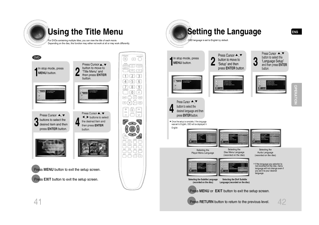 Samsung MM-C530D/AFR, MM-C530D/SAH, MM-C430D/MEA Using the Title Menu, Press Return button to return to the previous level 