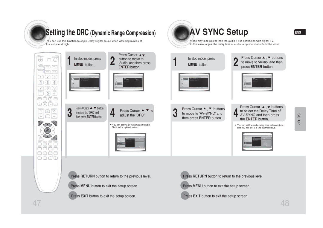 Samsung MM-C550D/MEA, MM-C530D/AFR, MM-C530D/SAH, MM-C430D/MEA, MM-C430D/AFR, MM-C430D/SAH, MM-C430D/UMG manual AV Sync Setup 