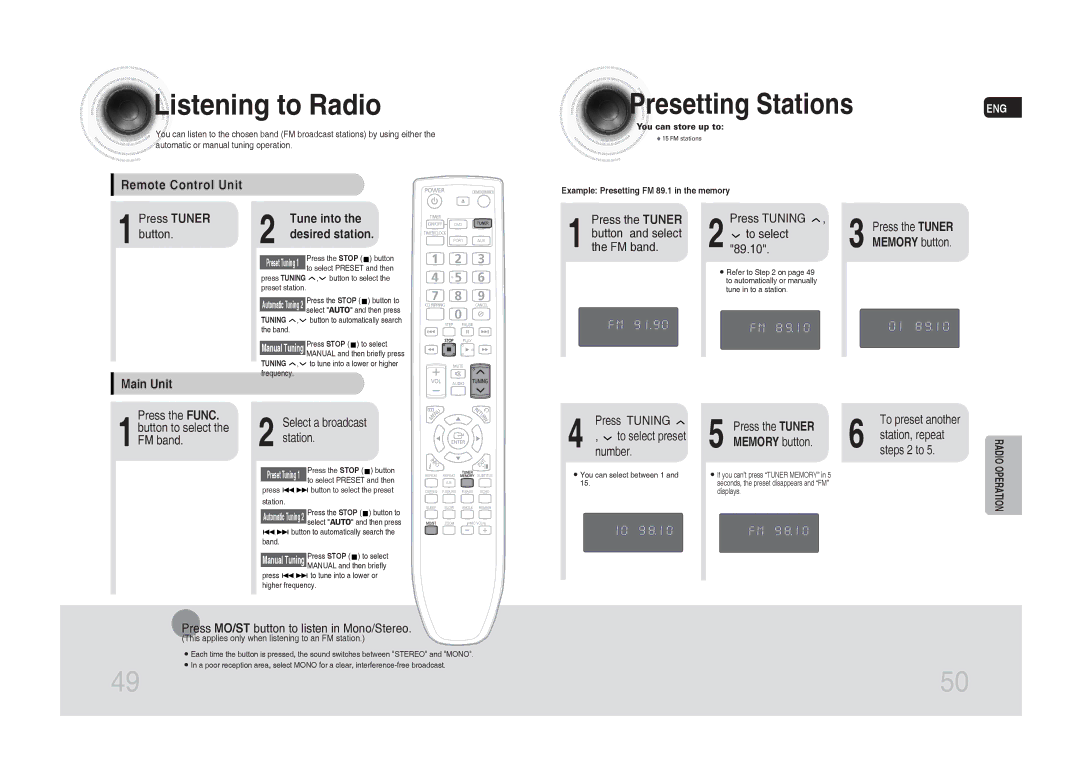 Samsung MM-C430D/AFR, MM-C530D/AFR, MM-C530D/SAH, MM-C430D/MEA, MM-C550D/MEA manual Listening to Radio, Presetting Stations 