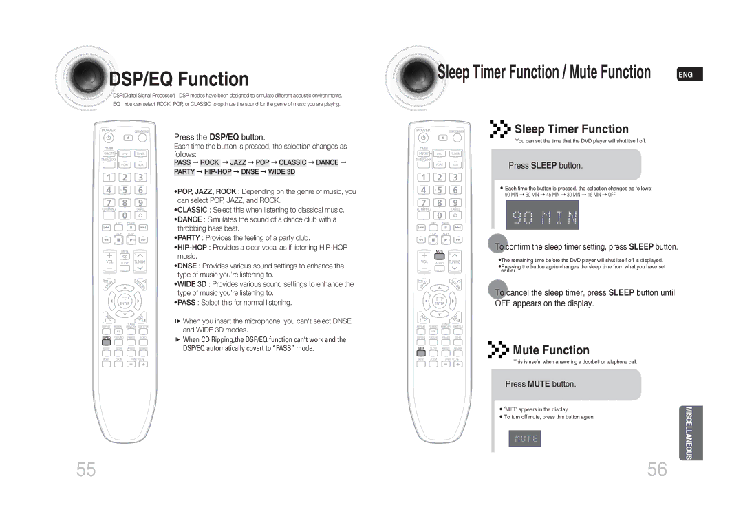 Samsung MM-C530D/KE, MM-C530D/AFR, MM-C530D/SAH, MM-C430D/MEA, MM-C550D/MEA manual DSP/EQ Function, Press the DSP/EQ button 