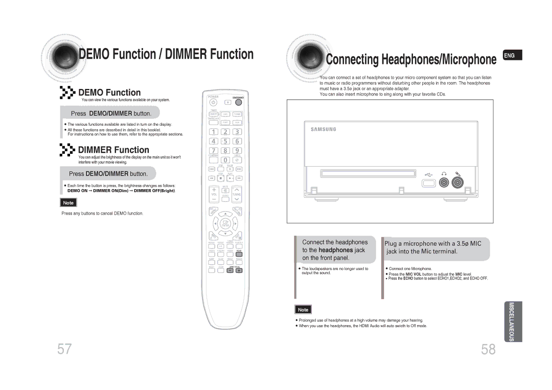 Samsung MM-C530D/MEA, MM-C530D/AFR, MM-C530D/SAH, MM-C430D/MEA, MM-C550D/MEA, MM-C430D/AFR Demo Function / Dimmer Function 