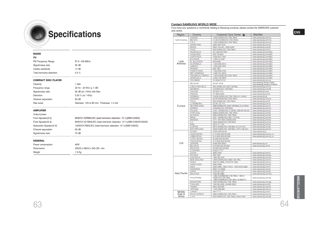 Samsung MM-C530D/AFR, MM-C530D/SAH, MM-C430D/MEA, MM-C550D/MEA, MM-C430D/AFR, MM-C430D/SAH, MM-C430D/UMG manual Specifications 