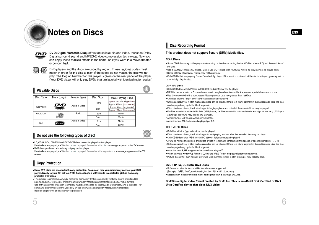 Samsung MM-C430D/AFR, MM-C530D/AFR, MM-C530D/SAH manual Playable Discs, This product does not support Secure DRM Media files 