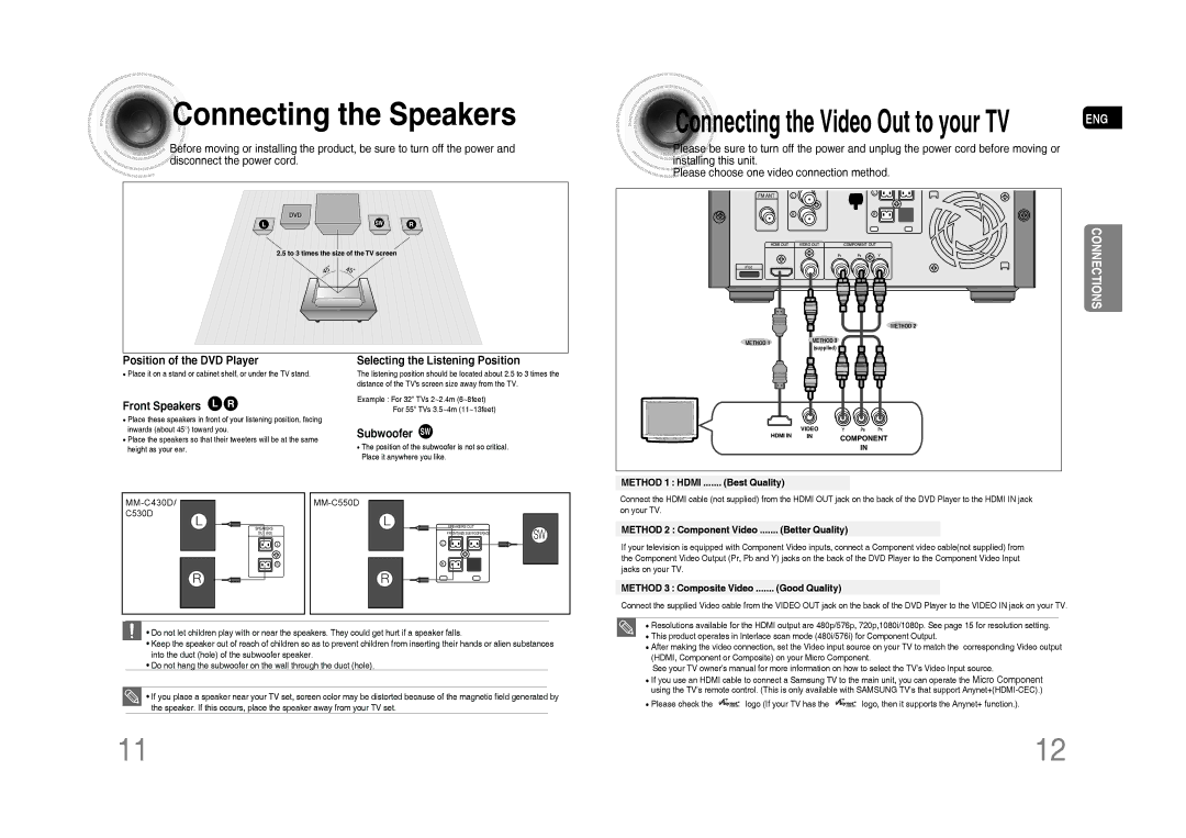 Samsung MM-C530D/KE, MM-C530D/AFR Connecting the Speakers, Position of the DVD Player, Front Speakers L R, Subwoofer SW 