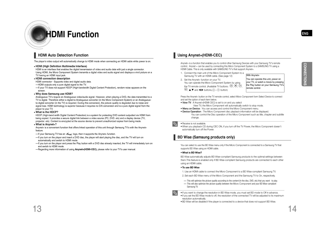 Samsung MM-C530D/MEA, MM-C530D/AFR, MM-C530D/SAH, MM-C430D/MEA, MM-C550D/MEA, MM-C430D/AFR, MM-C430D/SAH manual Hdmi Function 