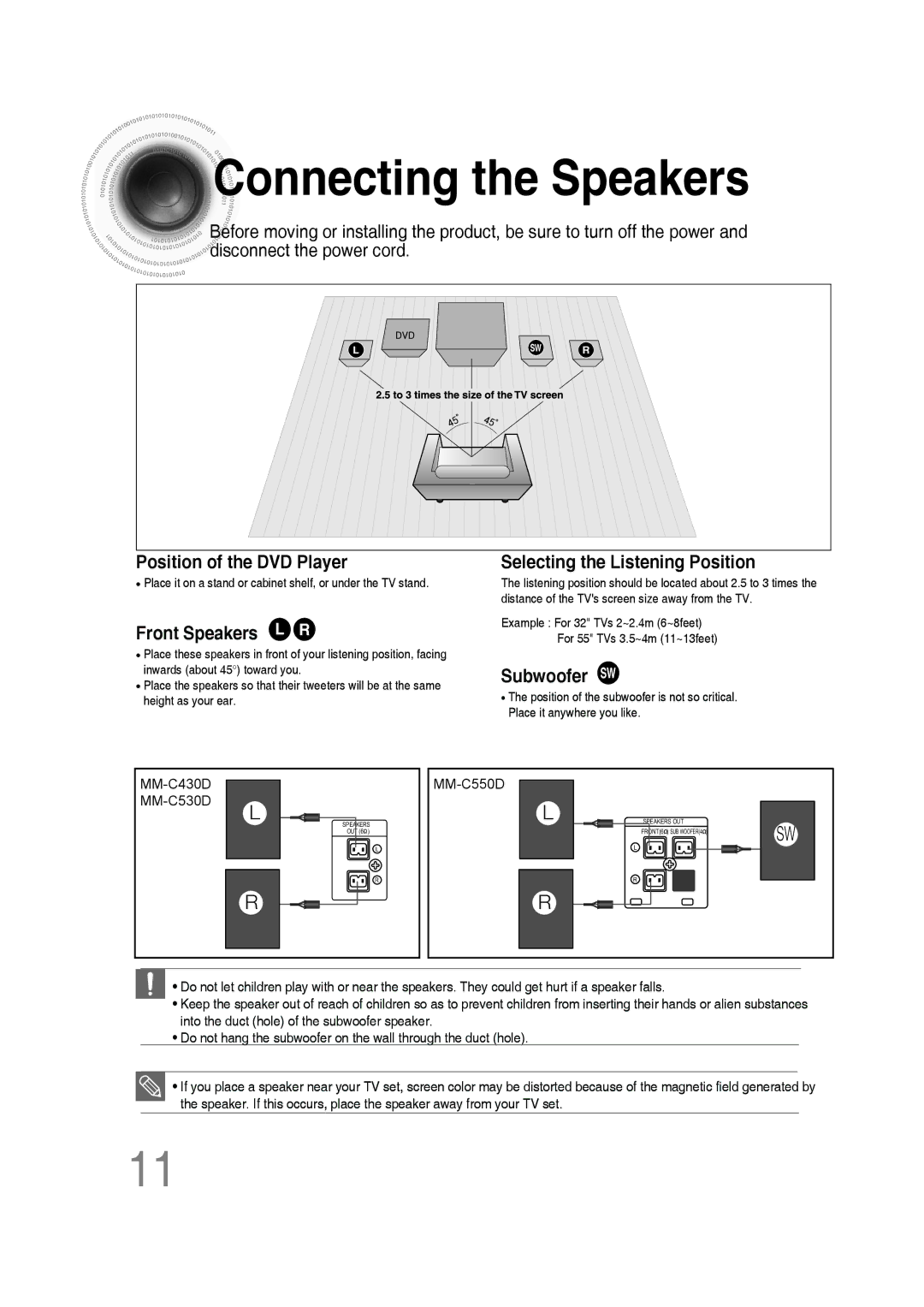 Samsung MM-C550D/XEE, MM-C530D/EDC, MM-C430D/EDC, MM-C550D/EDC, MM-C530D/XEF manual Connecting the Speakers, Front Speakers L R 