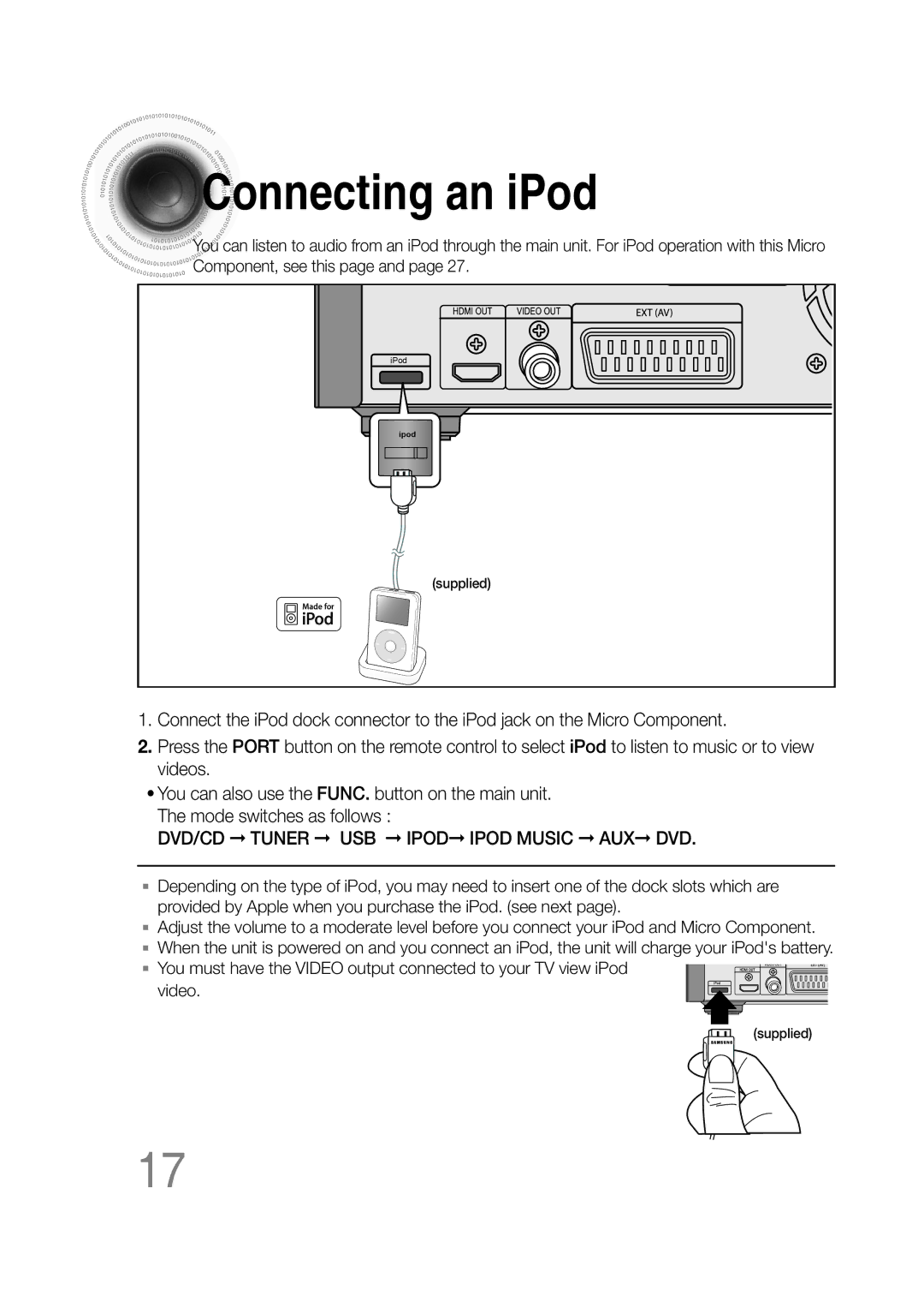 Samsung MM-C530D/XEE, MM-C530D/EDC, MM-C430D/EDC, MM-C550D/EDC Connecting an iPod, DVD/CD Tuner USB Ipod Ipod Music AUX DVD 