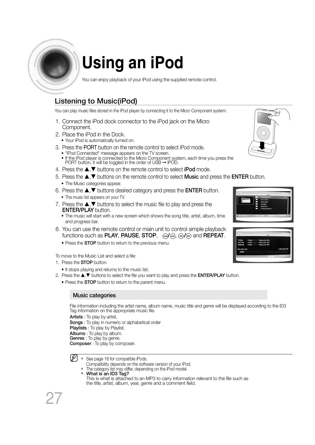 Samsung MM-C430D/EDC, MM-C530D/EDC, MM-C550D/EDC, MM-C530D/XEF, MM-C430D/XEE manual Using an iPod, Listening to MusiciPod 