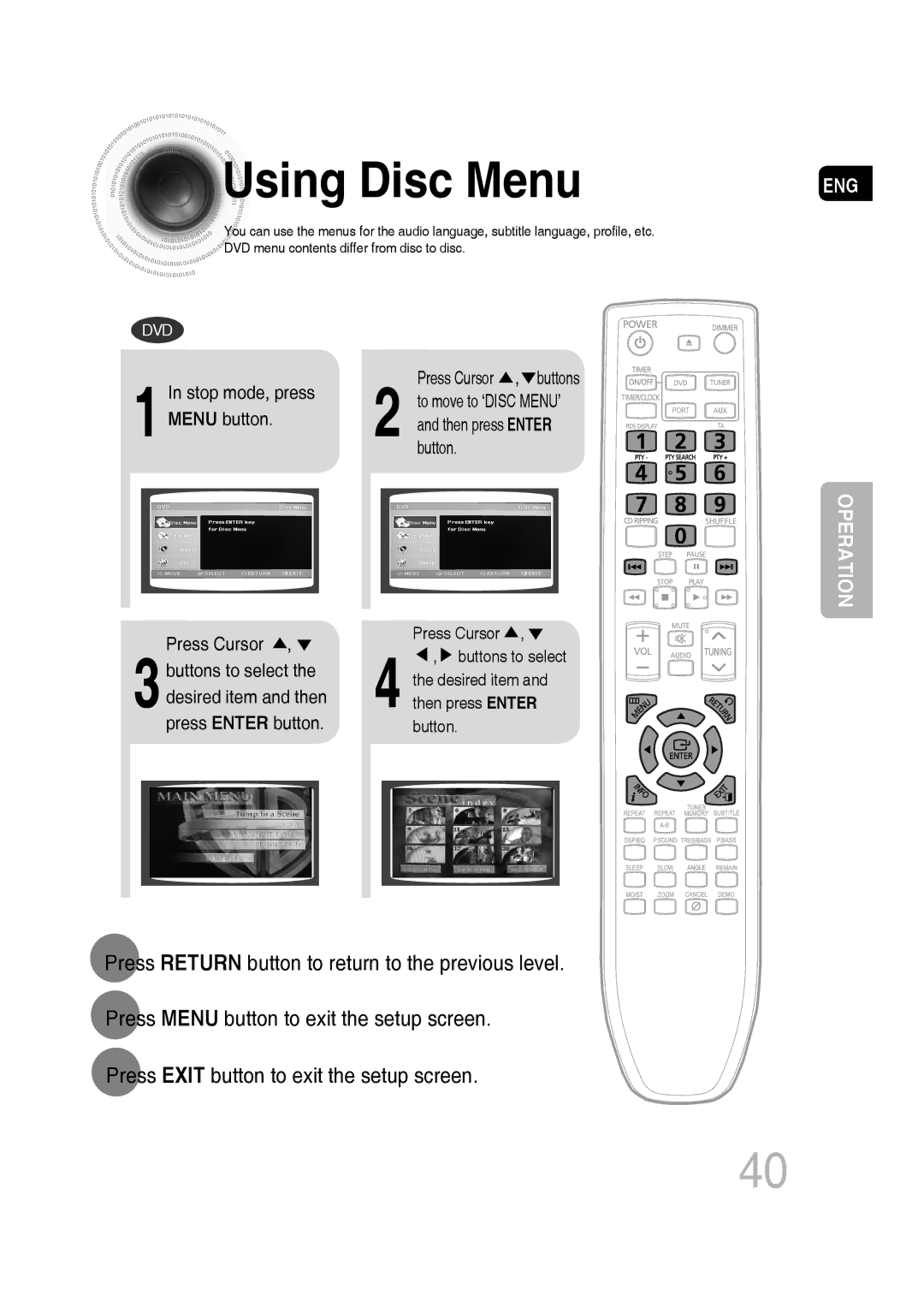 Samsung MM-C530D/EDC, MM-C430D/EDC, MM-C550D/EDC, MM-C530D/XEF Using Disc Menu, Press Exit button to exit the setup screen 