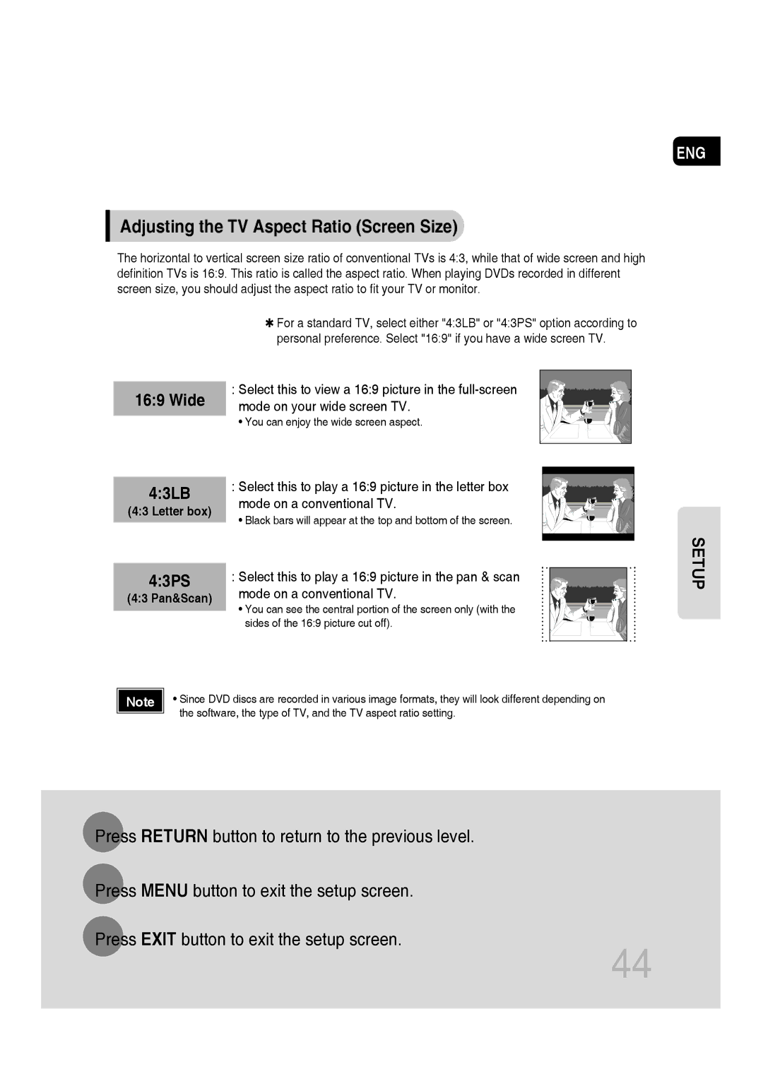 Samsung MM-C430D/XEE, MM-C530D/EDC, MM-C430D/EDC, MM-C550D/EDC, MM-C530D/XEF Adjusting the TV Aspect Ratio Screen Size, 43PS 