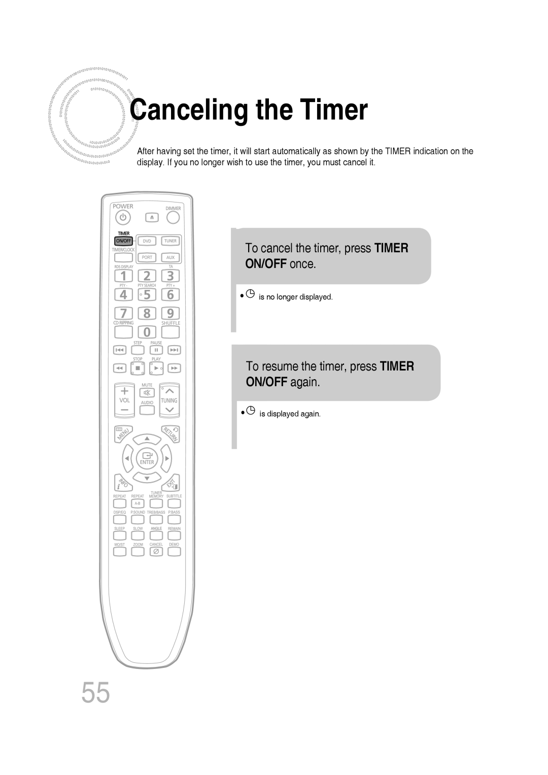 Samsung MM-C430D/EDC Canceling the Timer, To cancel the timer, press Timer, ON/OFF once, To resume the timer, press Timer 