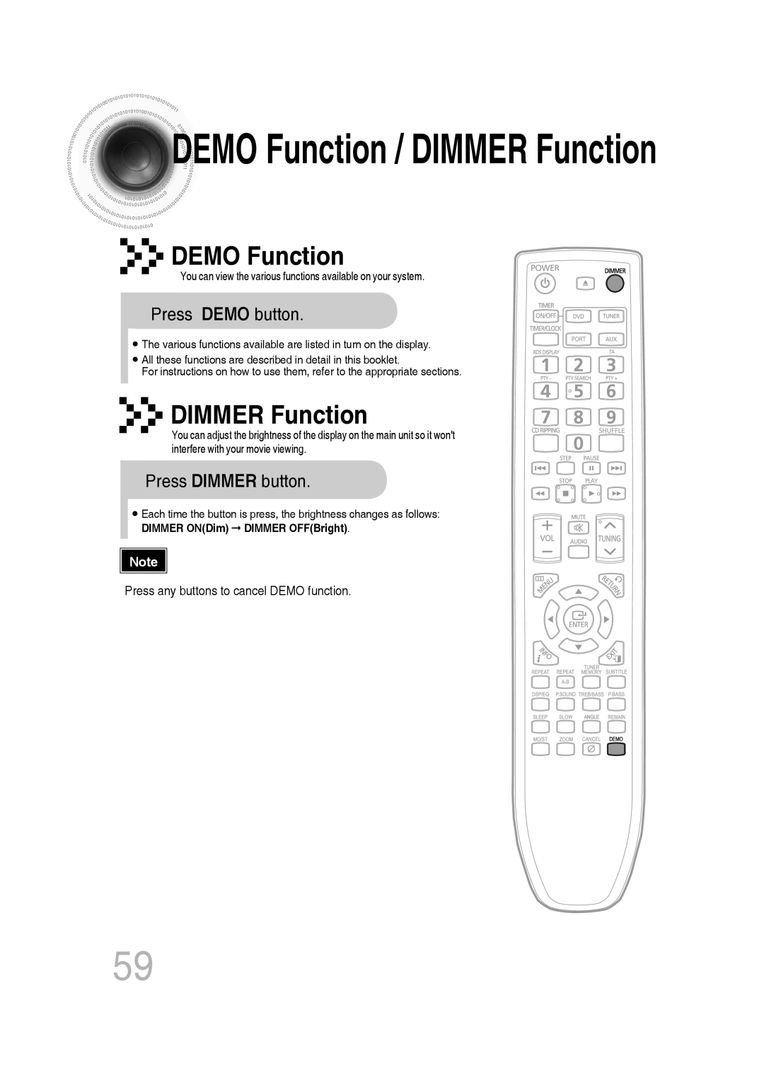 Samsung MM-C530D/XEE, MM-C530D/EDC, MM-C430D/EDC Demo Function, Dimmer Function, Press Demo button, Press Dimmer button 