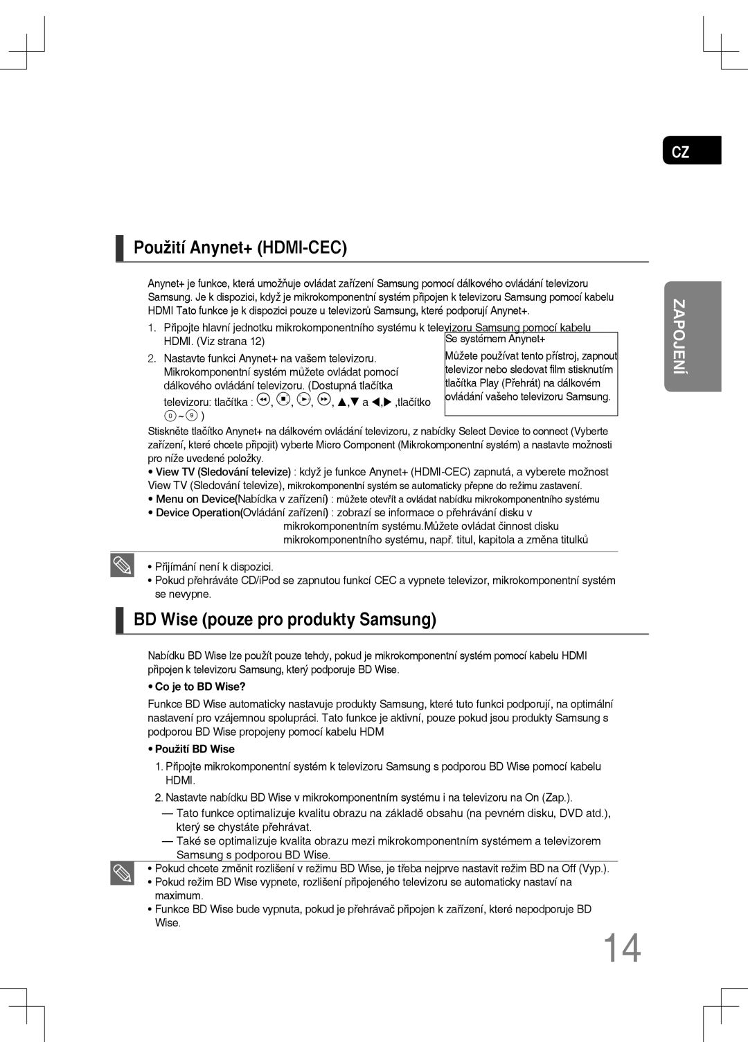 Samsung MM-C530D/EDC, MM-C430D/EDC, MM-C550D/EDC, MM-C530D/XEF Použití Anynet+ HDMI-CEC, BD Wise pouze pro produkty Samsung 