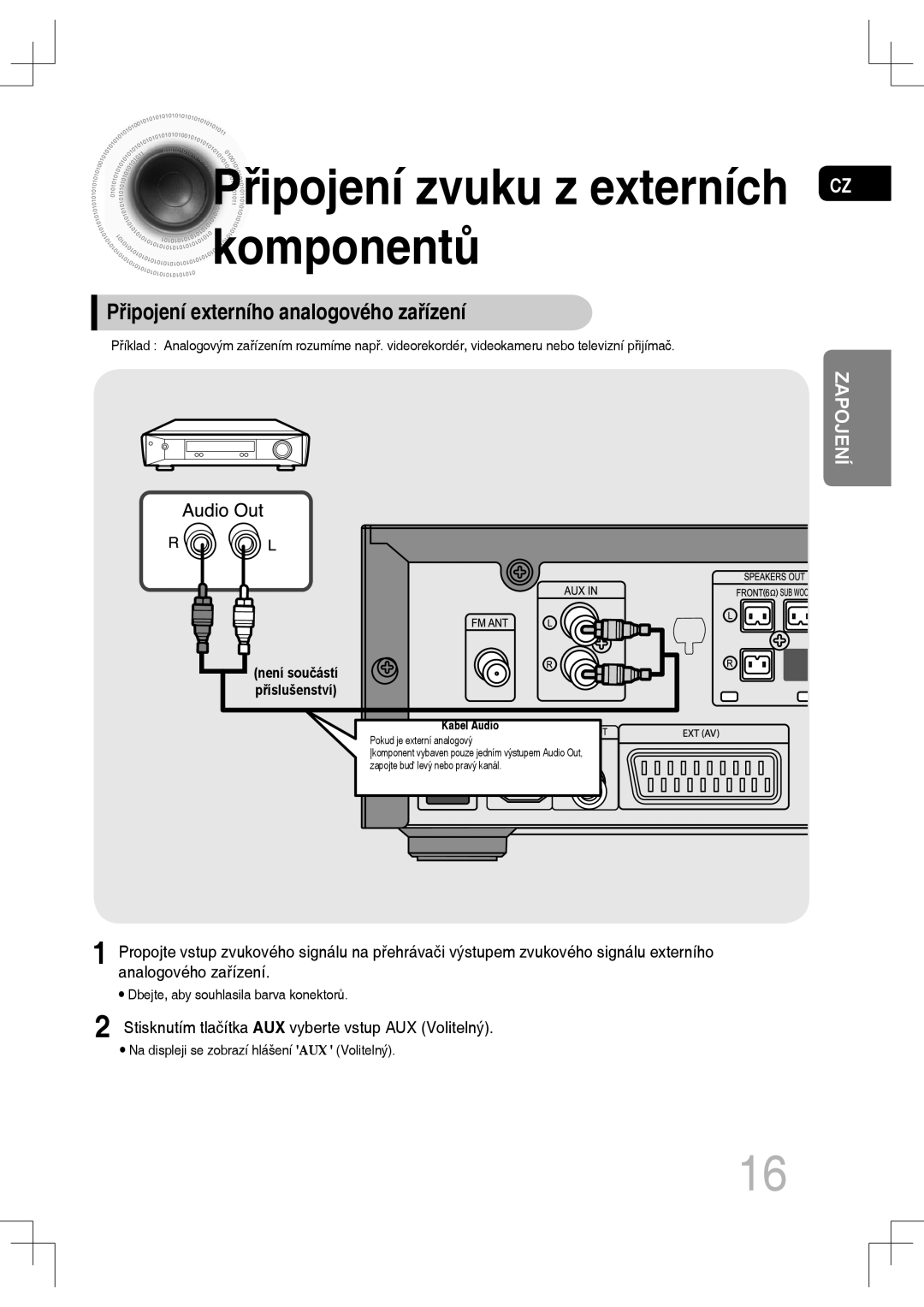 Samsung MM-C550D/EDC, MM-C530D/EDC manual Řipojení zvuku z externích komponentů, Připojení externího analogového zařízení 