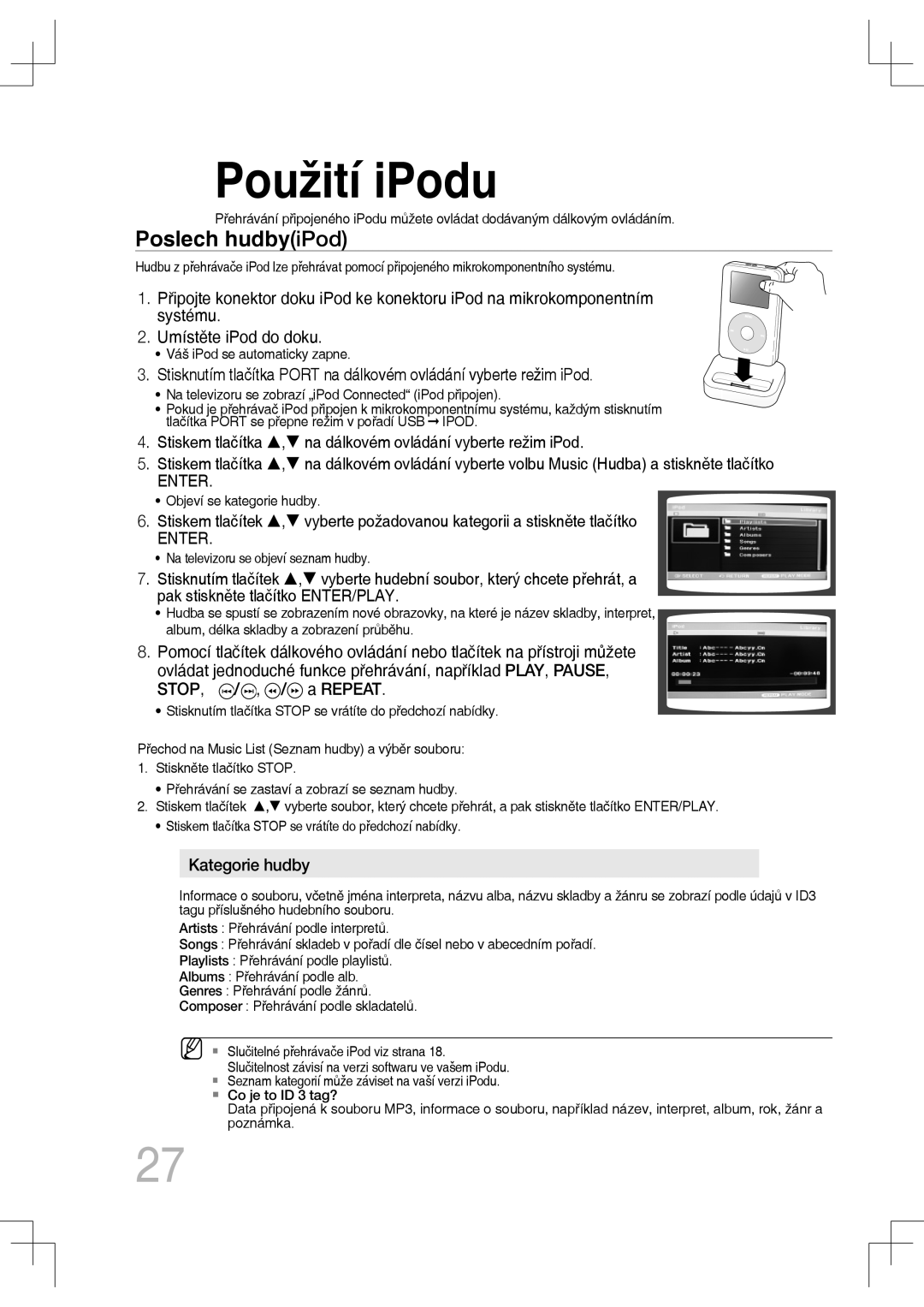 Samsung MM-C430D/EDC, MM-C530D/EDC, MM-C550D/EDC, MM-C530D/XEF manual Použití iPodu, Poslech hudbyiPod 