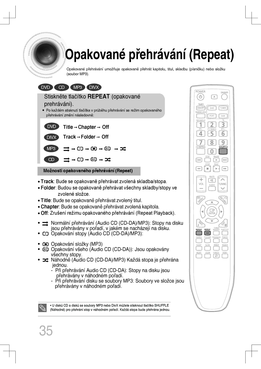 Samsung MM-C430D/EDC, MM-C530D/EDC manual Opakované přehrávání Repeat, Stiskněte tlačítko Repeat opakované prehráváni 