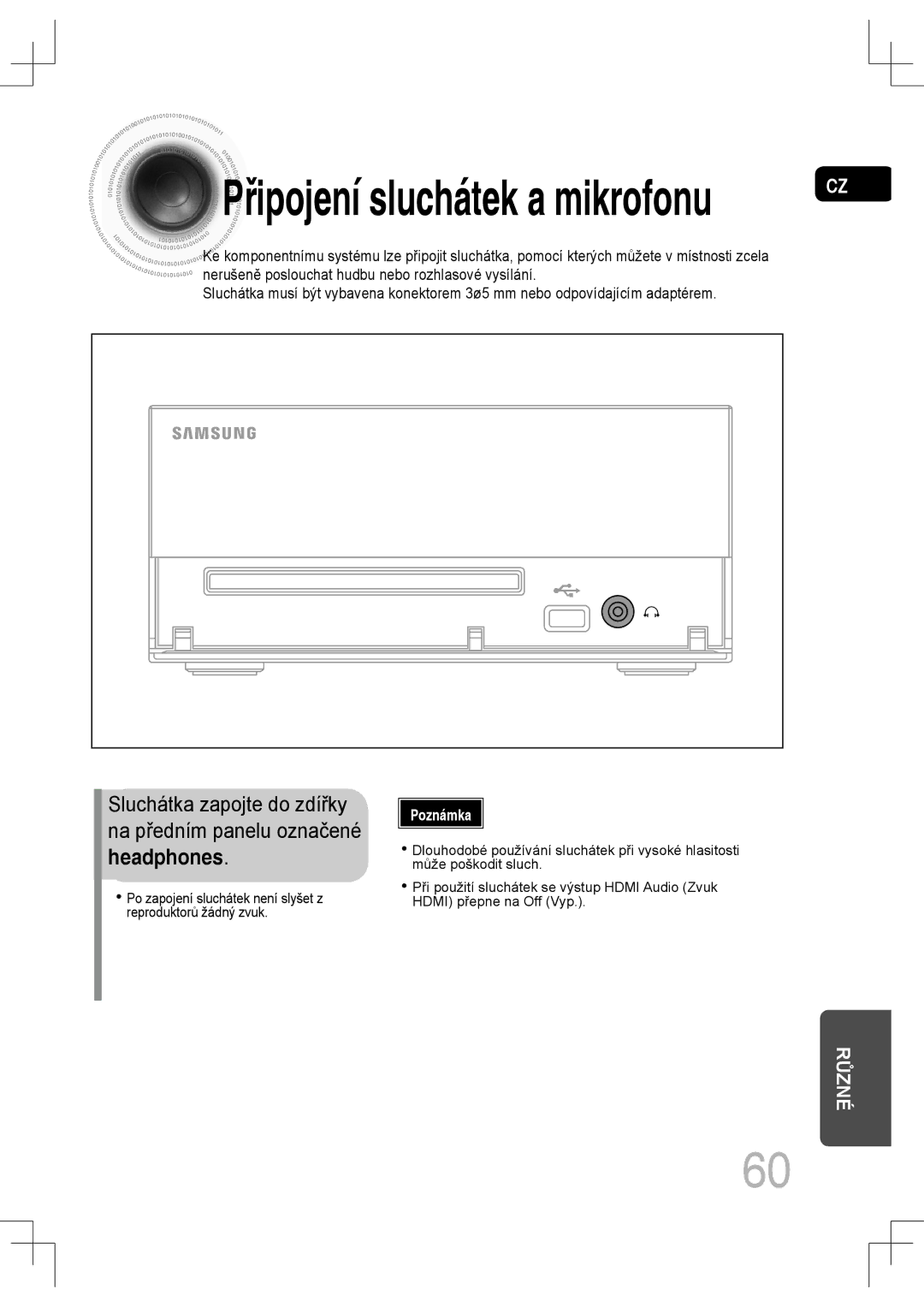 Samsung MM-C550D/EDC, MM-C530D/EDC, MM-C430D/EDC, MM-C530D/XEF manual Připojení sluchátek a mikrofonu, Headphones 