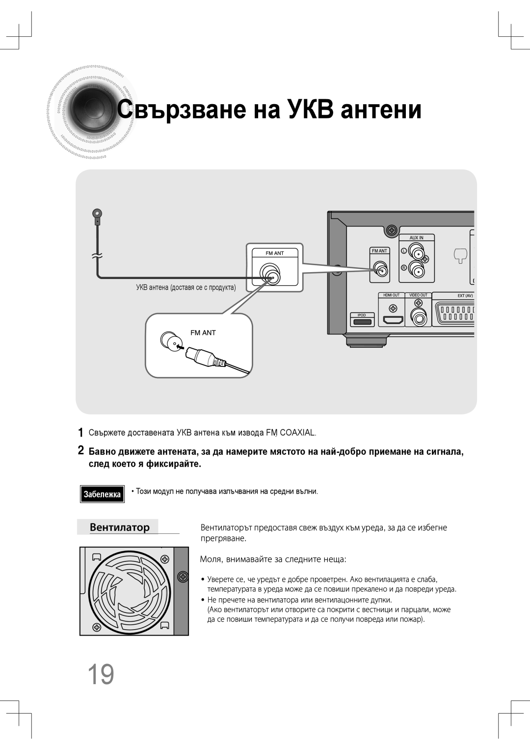 Samsung MM-C430D/EDC, MM-C530D/EDC УКВ антена доставя се с продукта, Този модул не получава излъчвания на средни вълни 