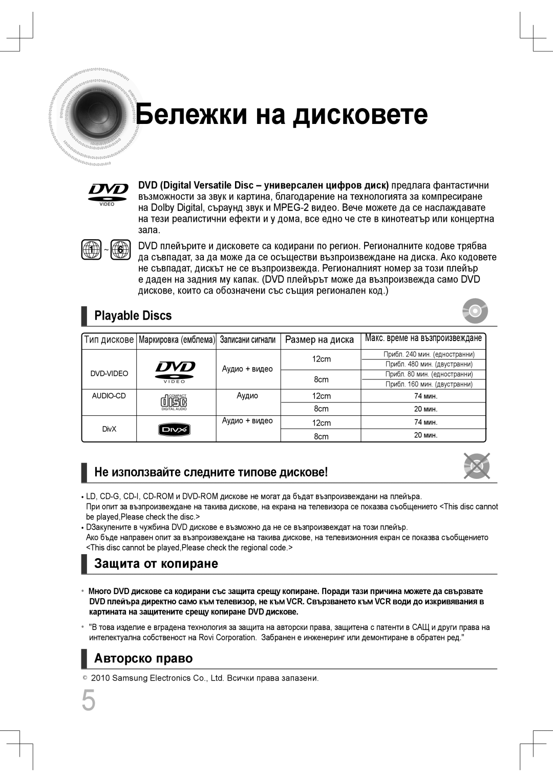 Samsung MM-C430D/EDC Бележки на дисковете, Playable Discs, Не използвайте следните типове дискове, Защита от копиране 