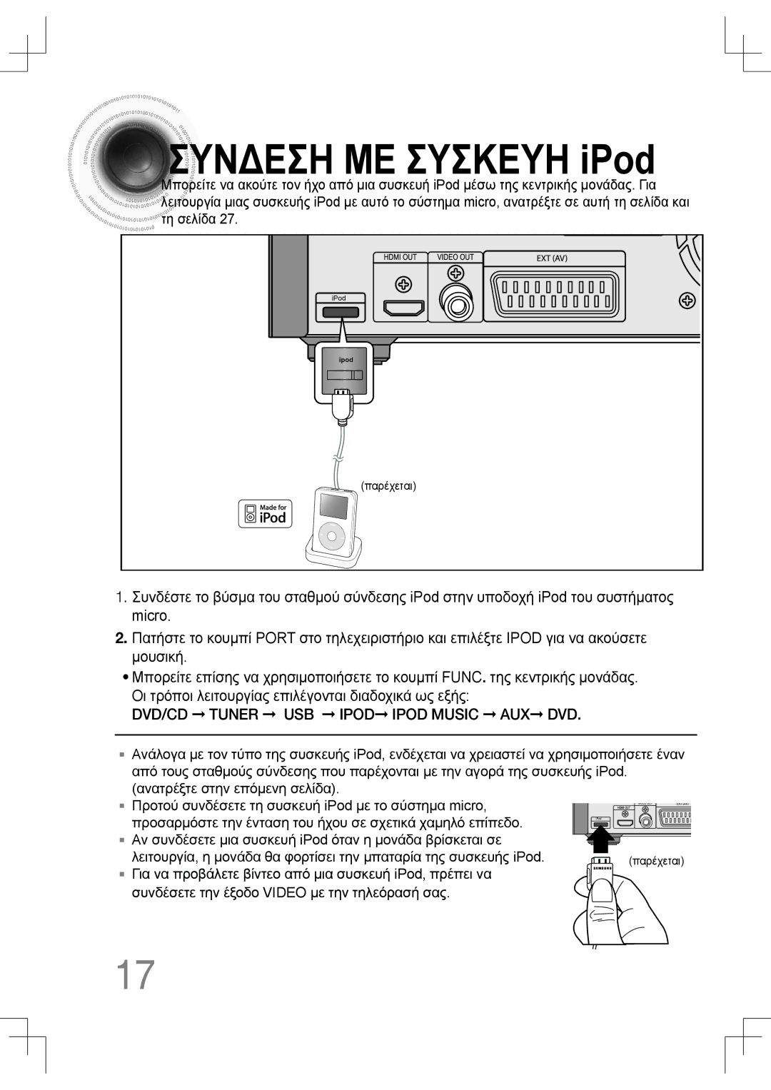 Samsung MM-C430D/EDC, MM-C530D/EDC manual Συνδεση ΜΕ Συσκευη iPod, Παρέχεται 