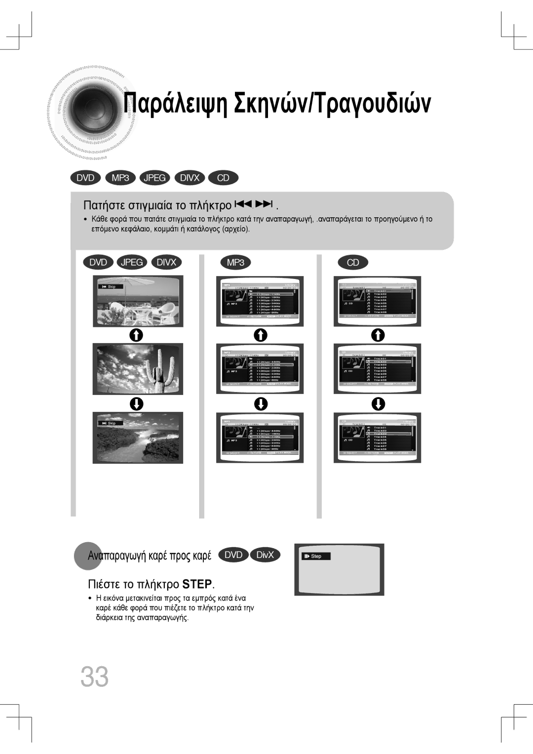 Samsung MM-C430D/EDC manual Πατήστε στιγμιαία το πλήκτρο, Αναπαραγωγή καρέ προς καρέ DVD DivX Πιέστε το πλήκτρο Step 