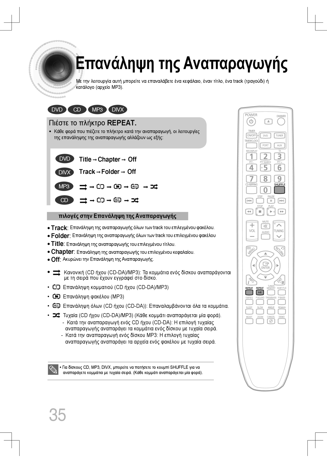 Samsung MM-C430D/EDC, MM-C530D/EDC manual Επανάληψη της Αναπαραγωγής, Πιέστε το πλήκτρο Repeat 