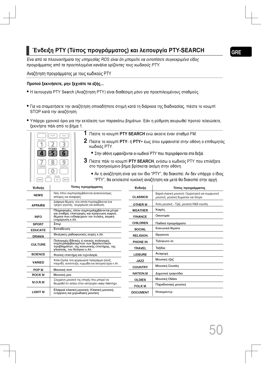 Samsung MM-C530D/EDC, MM-C430D/EDC manual Ένδειξη PTY Τύπος προγράμματος και λειτουργία PTY-SEARCH 