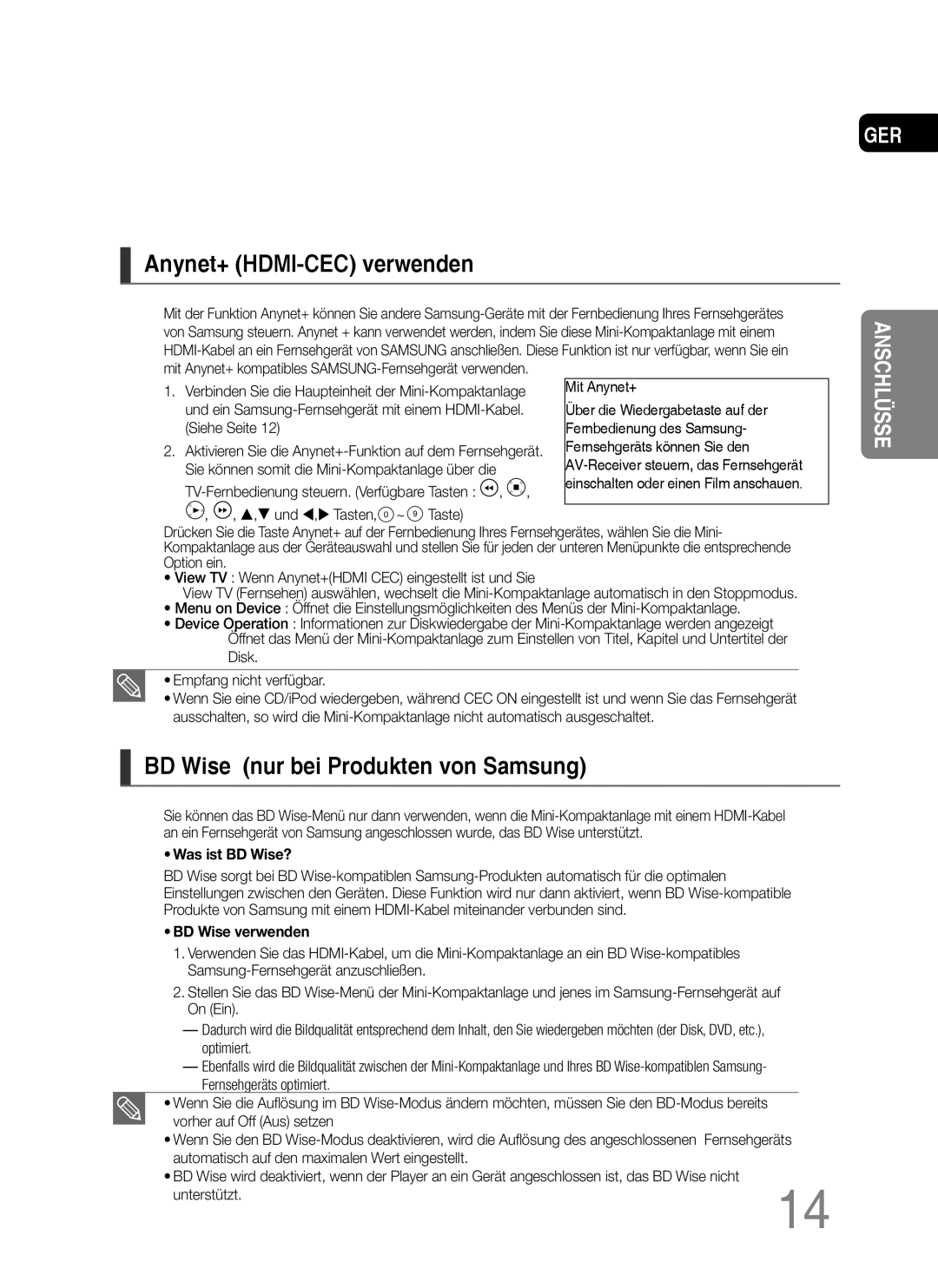 Samsung MM-C530D/EDC, MM-C430D/XEN manual Anynet+ HDMI-CEC verwenden, BD Wise nur bei Produkten von Samsung, Mit Anynet+ 