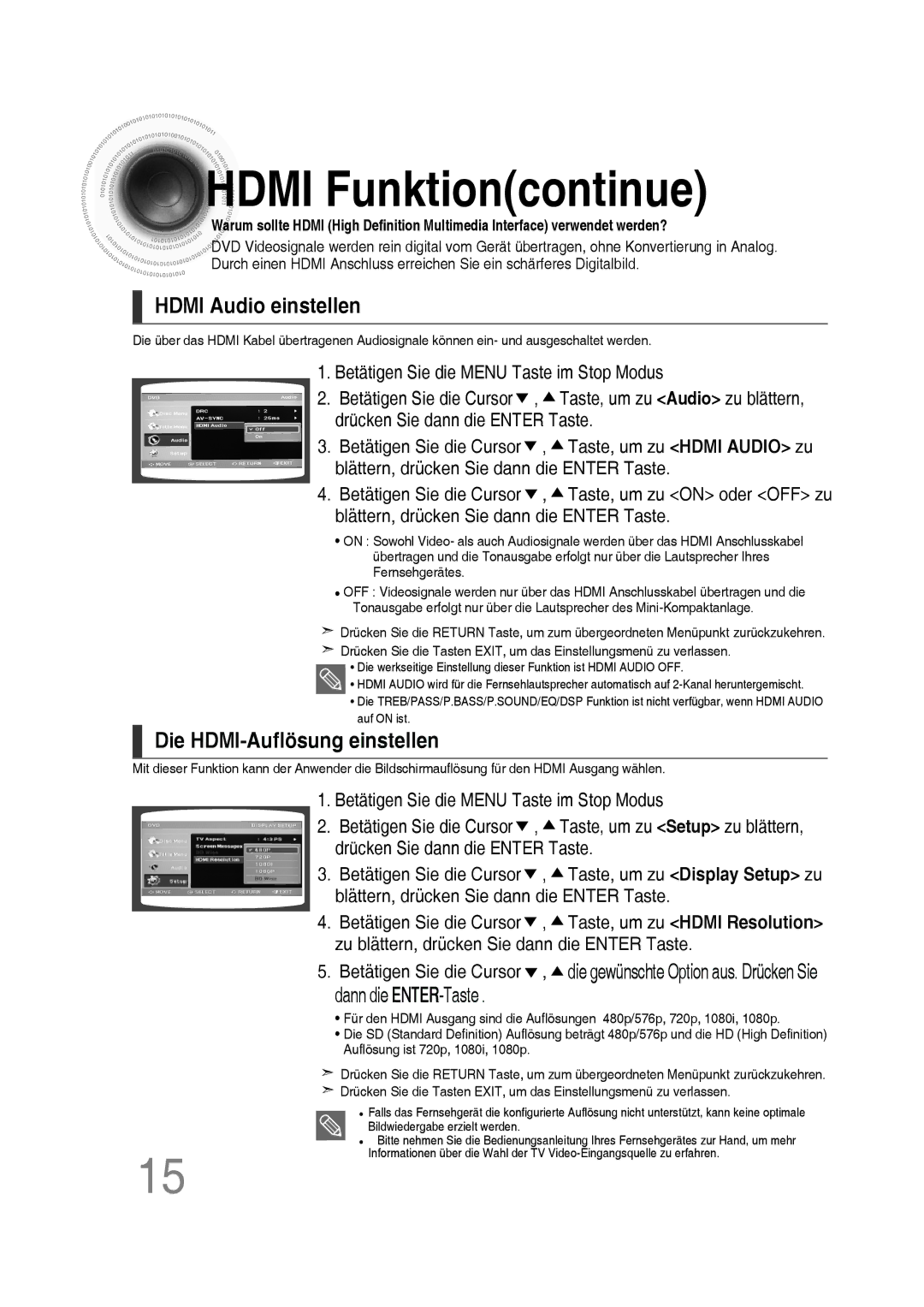 Samsung MM-C430D/XEN Hdmi Funktioncontinue, Hdmi Audio einstellen, Die HDMI-Auflösung einstellen, Dann die ENTER-Taste 