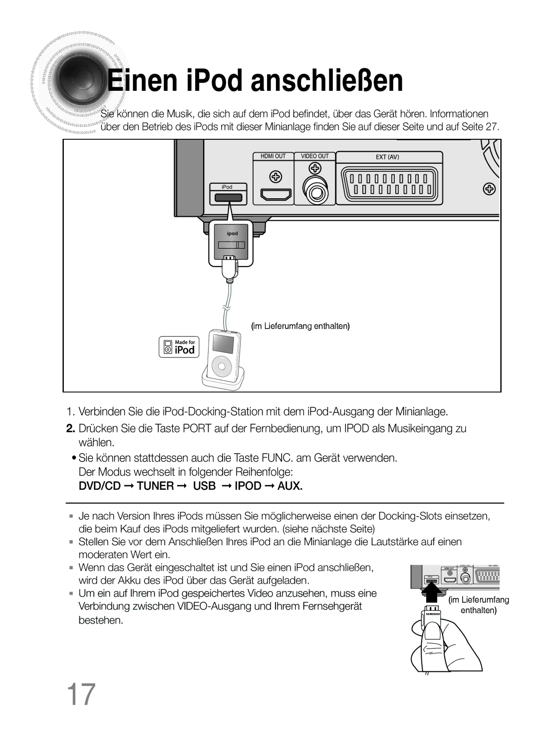 Samsung MM-C530D/XEN, MM-C530D/EDC, MM-C430D/XEN, MM-C430D/EDC manual Einen iPod anschließen, Im Lieferumfang enthalten 