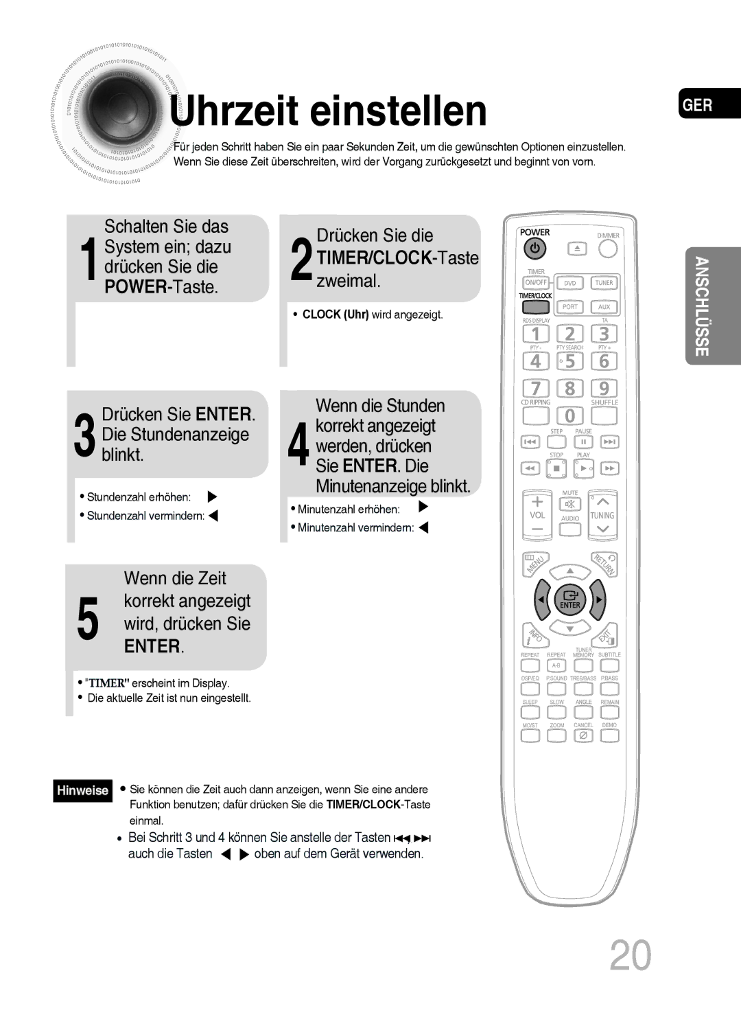 Samsung MM-C430D/EDC, MM-C530D/EDC, MM-C430D/XEN, MM-C530D/XEN manual Uhrzeit einstellen, 2TIMER/CLOCKzweimal. -Taste 