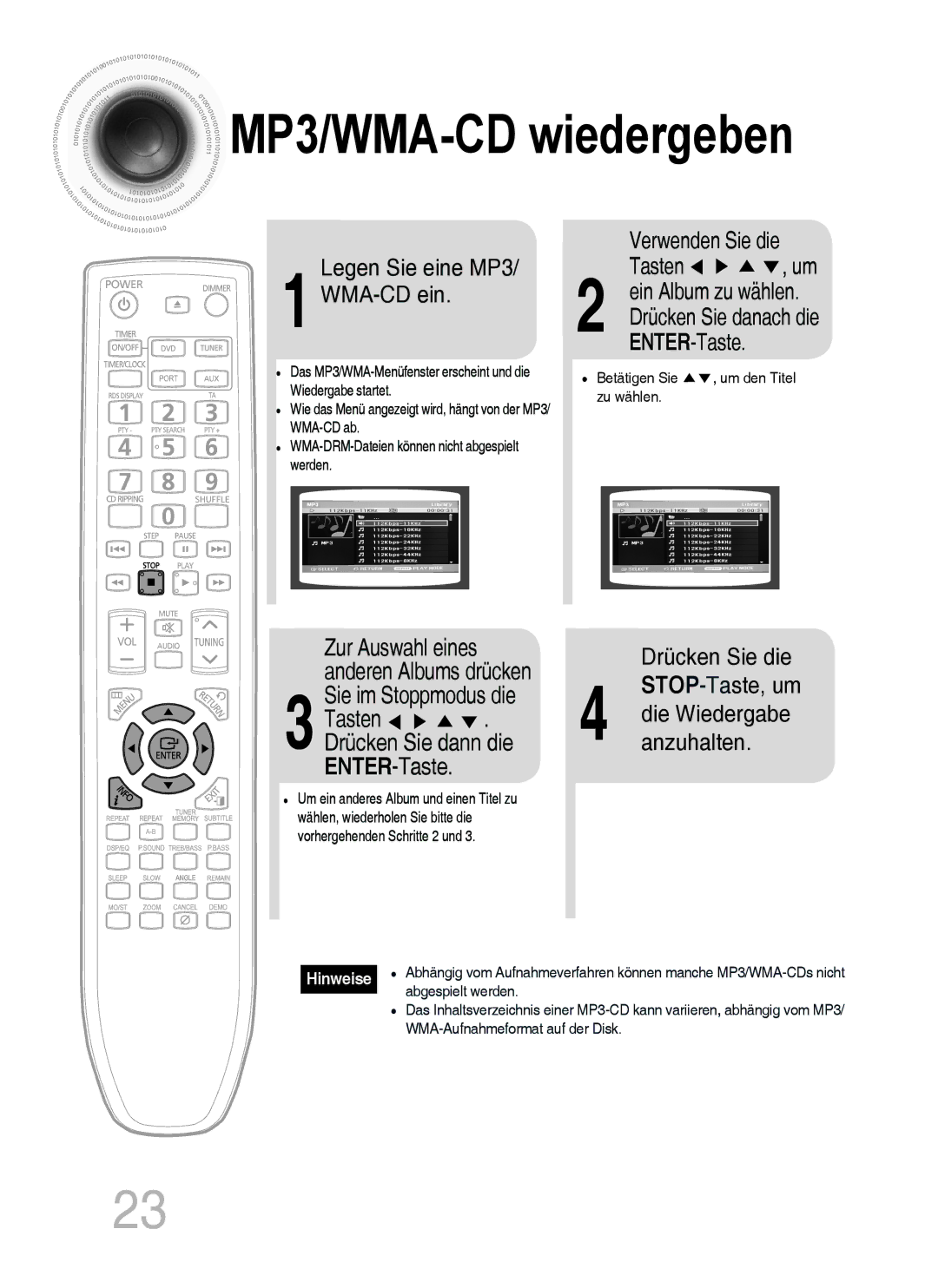 Samsung MM-C430D/XEN Legen Sie eine MP3 WMA-CD ein, Verwenden Sie die Tasten , um, Betätigen Sie , um den Titel zu wählen 