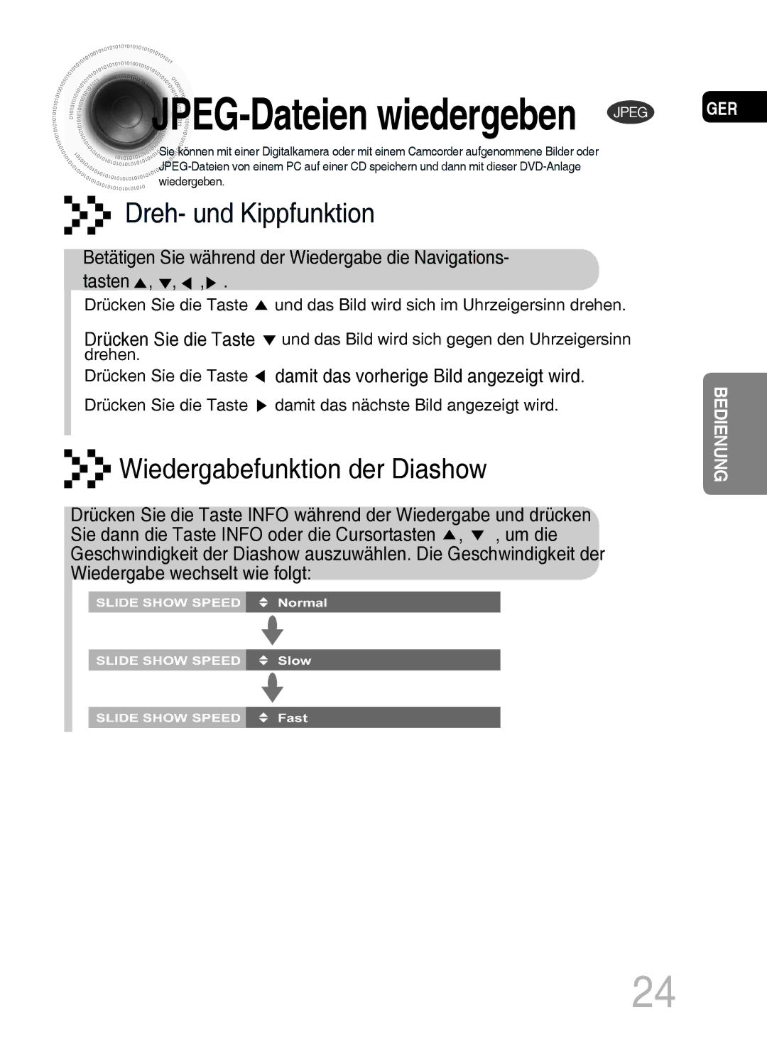 Samsung MM-C430D/EDC manual JPEG-Dateien wiedergeben Jpeg, Betätigen Sie während der Wiedergabe die Navigations- tasten 