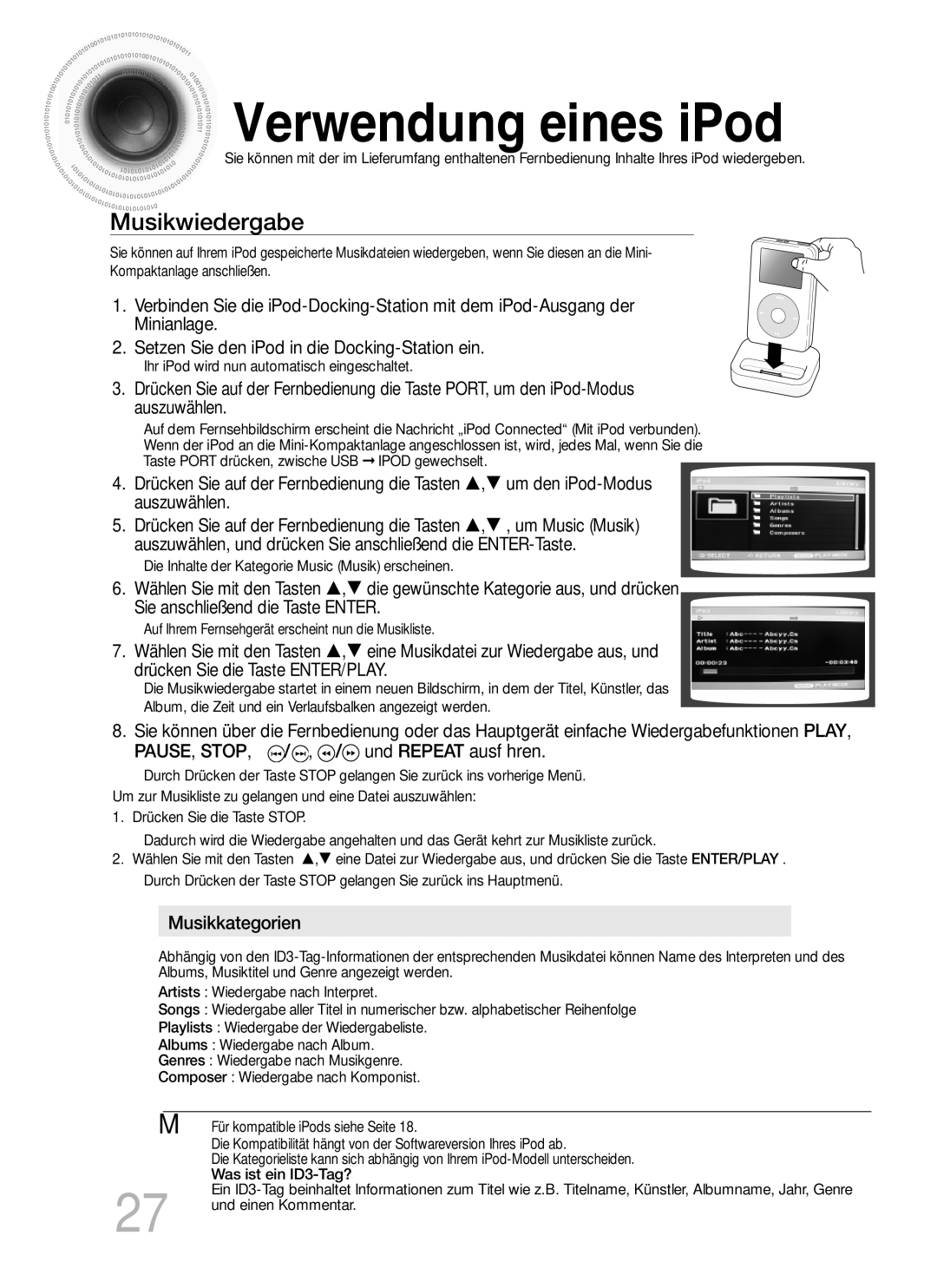 Samsung MM-C430D/XEN, MM-C530D/EDC, MM-C430D/EDC, MM-C530D/XEN manual Verwendung eines iPod, Musikwiedergabe 