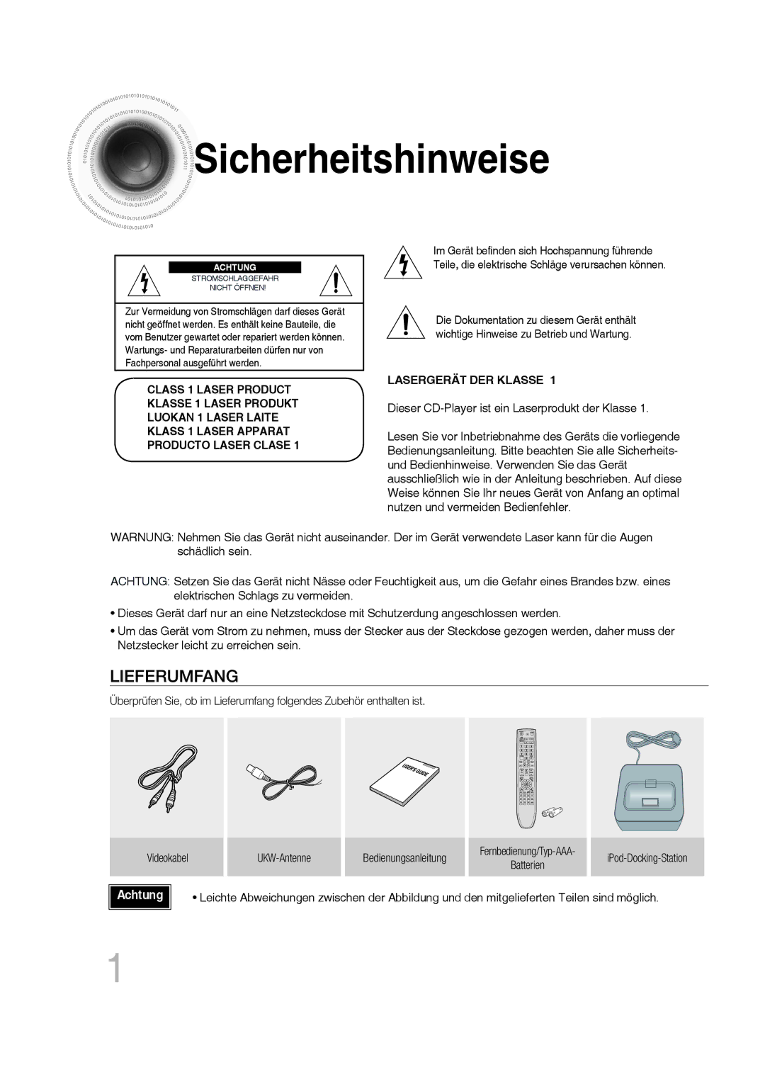 Samsung MM-C530D/XEN, MM-C530D/EDC, MM-C430D/XEN manual Sicherheitshinweise, Dieser CD-Player ist ein Laserprodukt der Klasse 