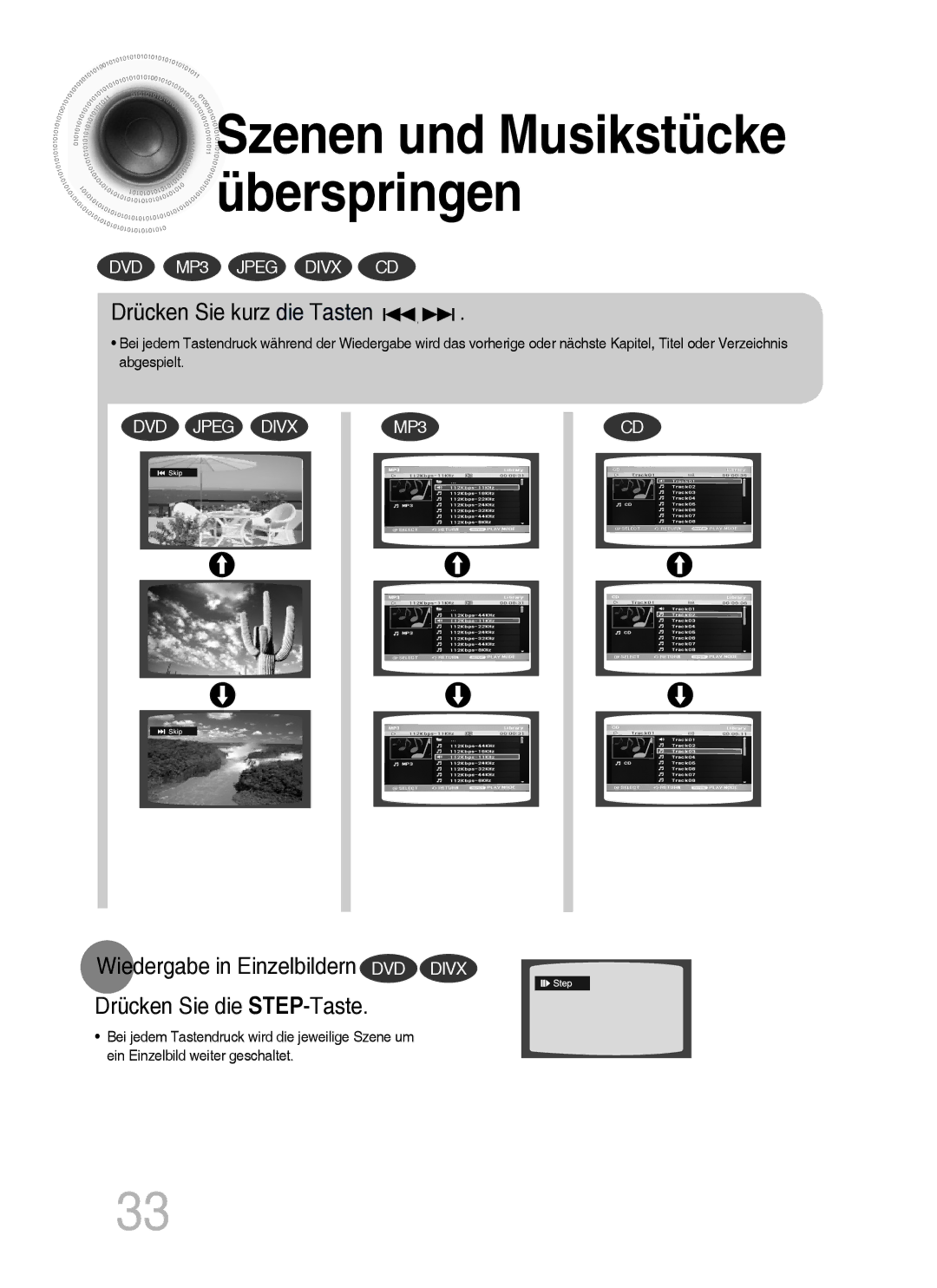 Samsung MM-C530D/XEN, MM-C530D/EDC, MM-C430D/XEN, MM-C430D/EDC manual Szenen und Musikstücke überspringen 