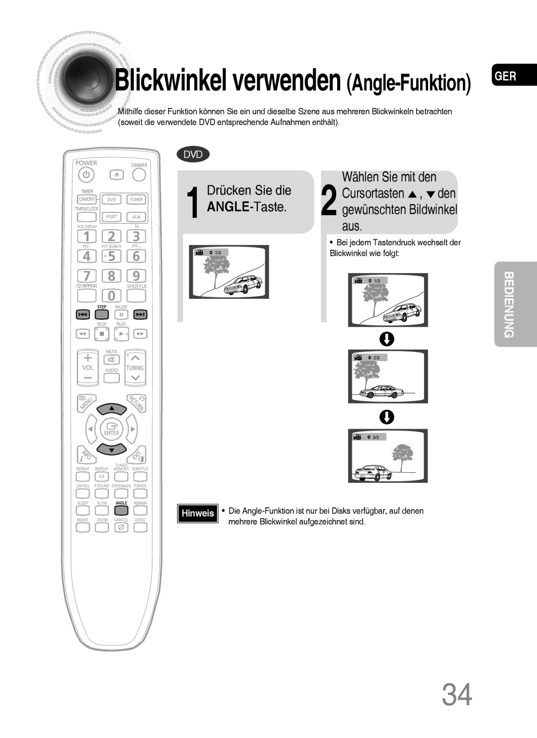 Samsung MM-C530D/EDC Blickwinkel verwenden Angle-FunktionGER, Bei jedem Tastendruck wechselt der Blickwinkel wie folgt 