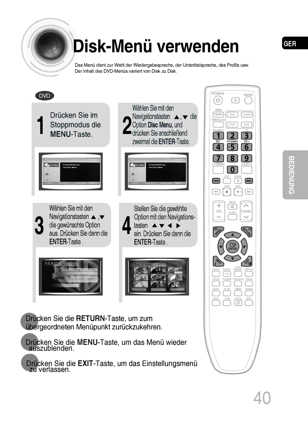 Samsung MM-C430D/EDC, MM-C530D/EDC manual Disk -Menü verwenden, Drücken Sie im, Wählen Sie mit den, Stellen Sie die gewählte 