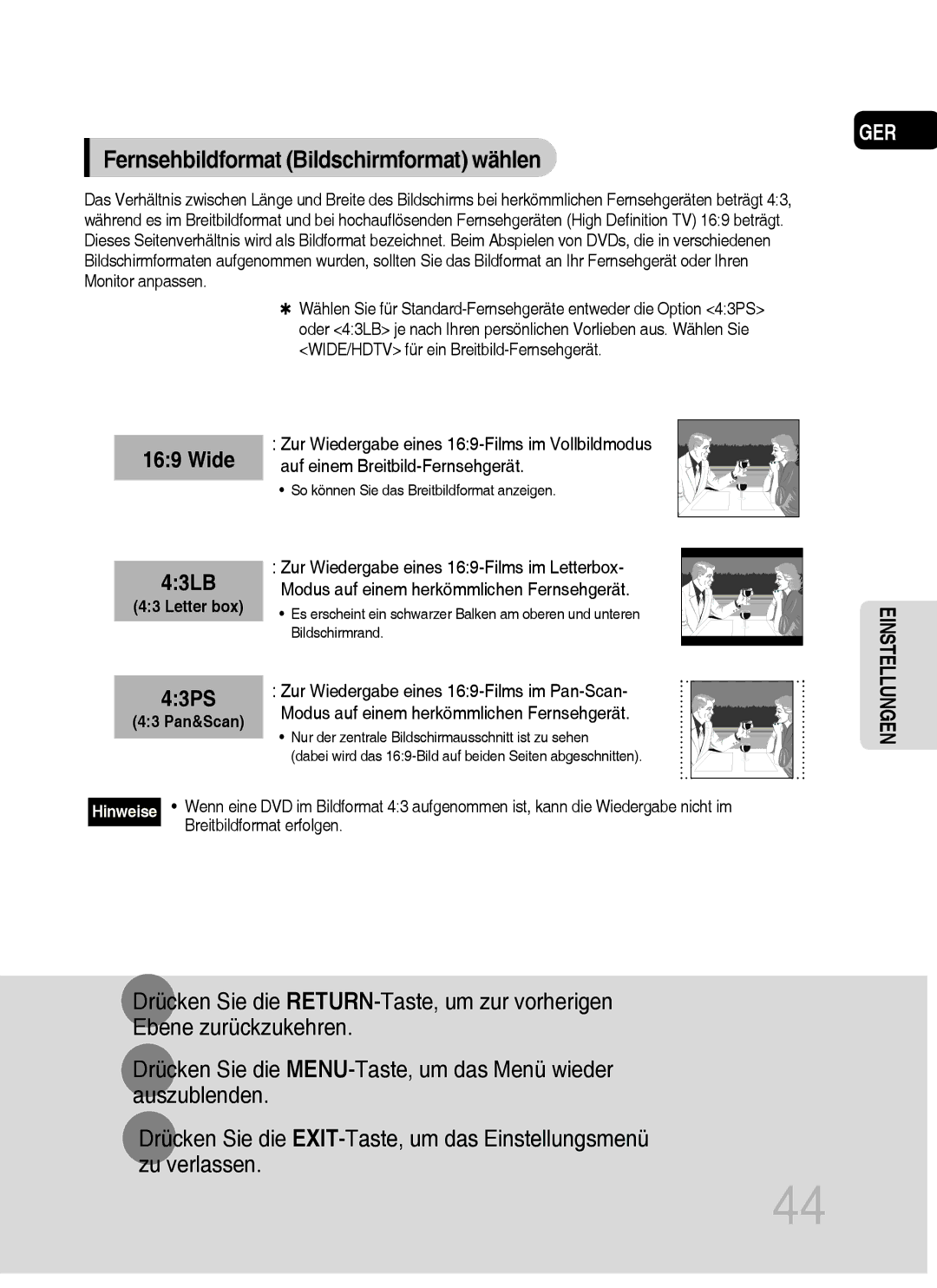 Samsung MM-C430D/EDC, MM-C530D/EDC Fernsehbildformat Bildschirmformat wählen, So können Sie das Breitbildformat anzeigen 