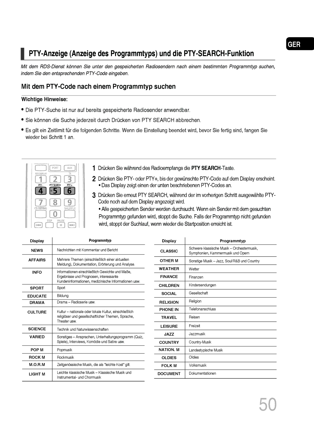 Samsung MM-C530D/EDC, MM-C430D/XEN, MM-C430D/EDC, MM-C530D/XEN manual Mit dem PTY-Code nach einem Programmtyp suchen 