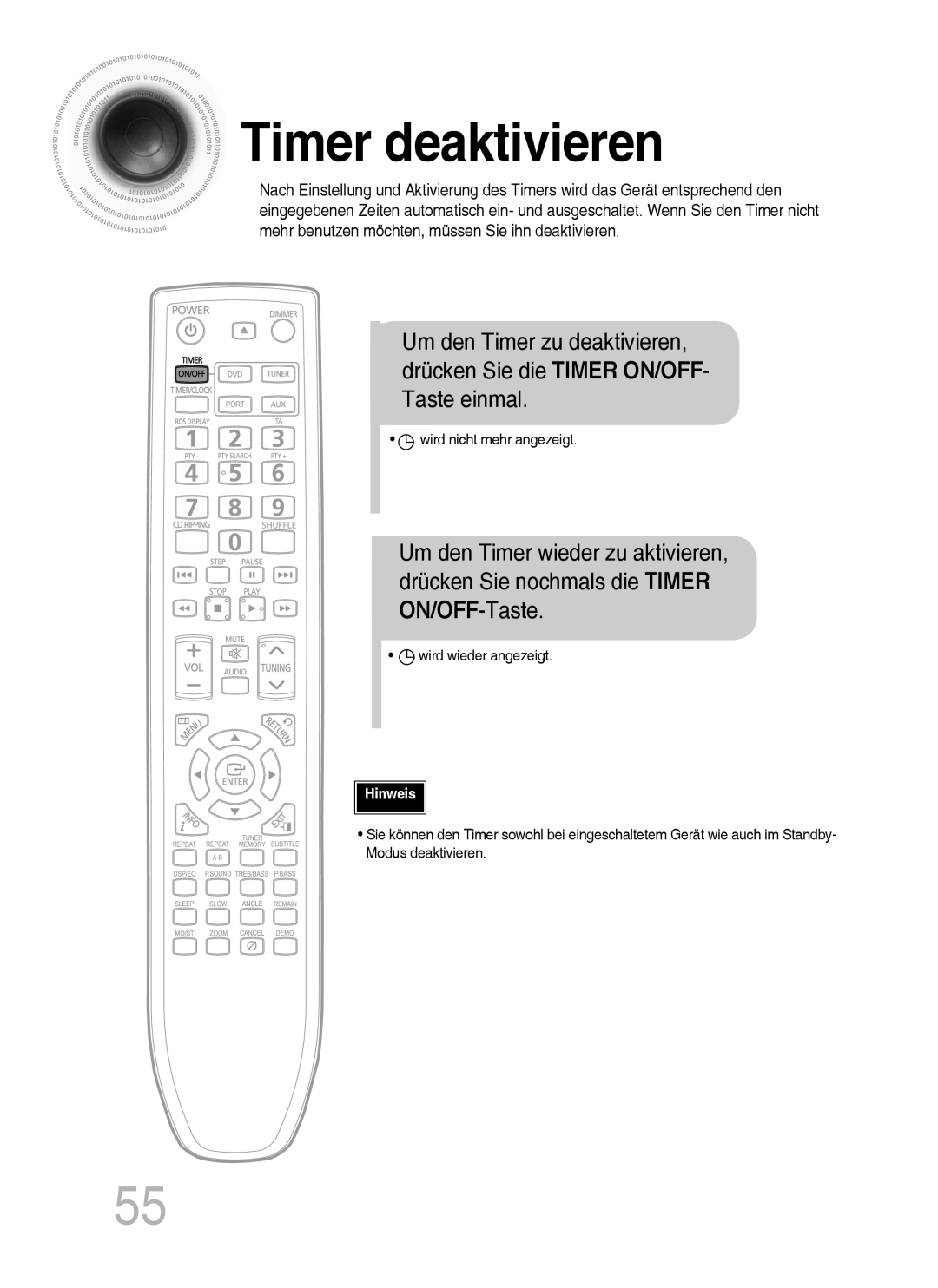 Samsung MM-C430D/XEN, MM-C530D/EDC, MM-C430D/EDC manual Timer deaktivieren, Wird nicht mehr angezeigt, Wird wieder angezeigt 