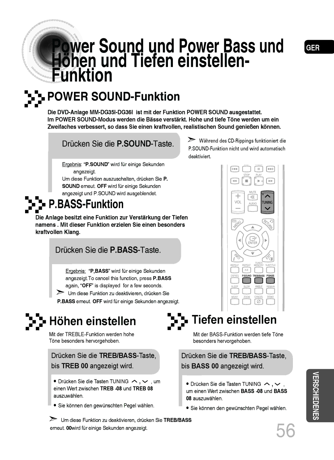 Samsung MM-C430D/EDC Höhen und Tiefen einstellen Funktion, Drücken Sie die P.SOUND-Taste, Drücken Sie die P.BASS-Taste 